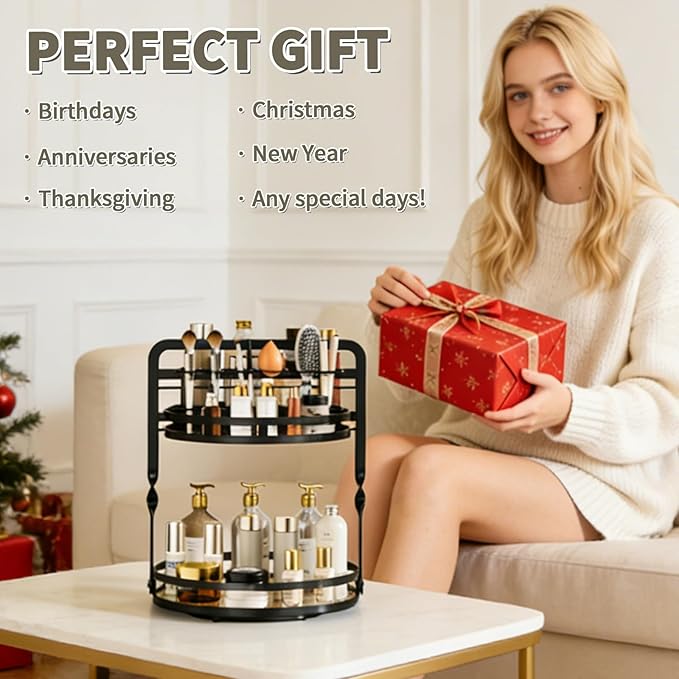 360° Rotating Makeup Organizer, 2-Tier Black Perfume Organizer for Dresser, Bathroom Organizers Countertop, Perfume Shelf with Makeup Brush Holder, Skincare Holder Cosmetic Display(Black)