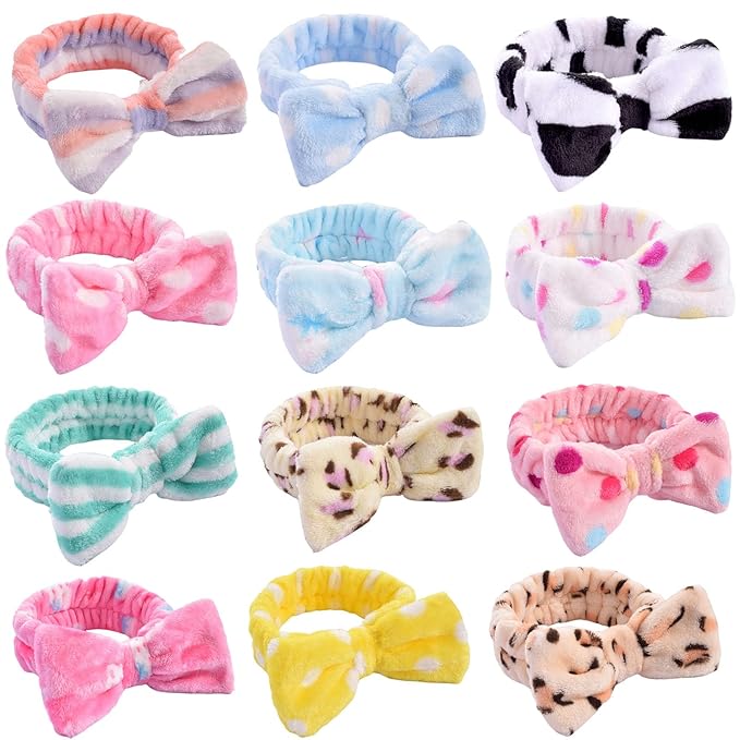 12pcs Spa Headband Soft Bowknot Spa Hair Band Coral Fleece Headband Makeup Headbands for Face Washing Skin Care Shower Yoga Headwraps for Women Girls (Pattern G)