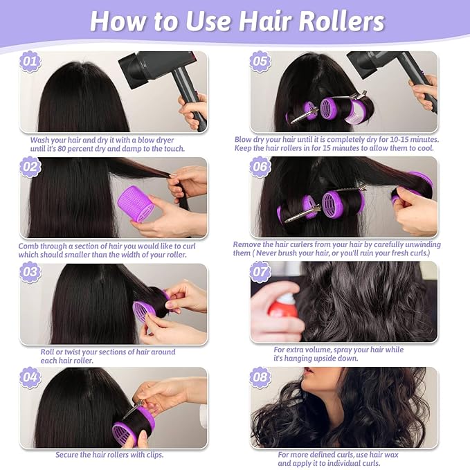 50 Pcs Rollers Hair Curlers Set with 24Pcs Self Grip Hair Rollers 4 Sizes and 24 Pcs Clips for Blowout Look Long Medium Short Thick Hair Volume