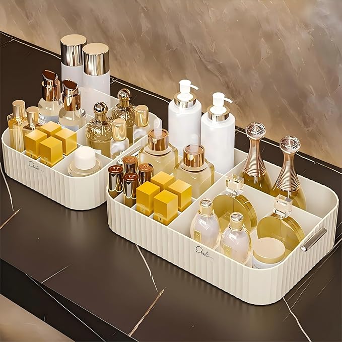 DASITON Acrylic Makeup Organizer,9 Slots Makeup Brush Holder,Makeup Storage with Handle,Vintage Striped Cosmetic Organizer for Desk Storage Container,Vanity,Bathroom(Cream)