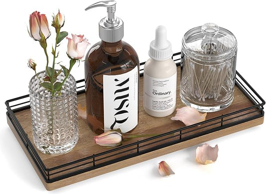 Bathroom Vanity Tray – 12" x 6" Acacia Decorative Wooden Tray for Toilet Tank Organizer Wood Tray for Bathroom Countertop, Soap, Perfume Accessories Storage, Vanity Dresser Decor Black & Acacia