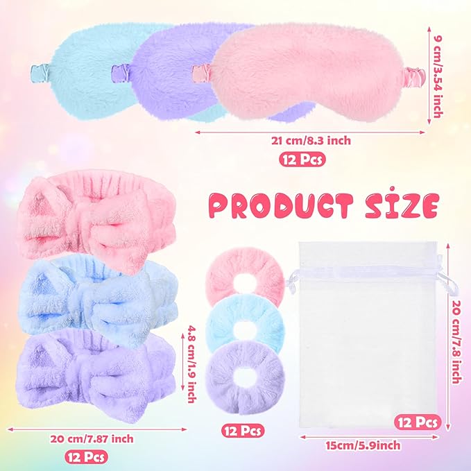 Mimorou 48 Pieces Galentine Spa Party Supplies 12 Spa Headband 12 Plush Sleep Eye Mask 12 Velvet Scrunchies 12 Organza Bags for Sleepover Slumber Party Favors Valentine Gift(Pink,Blue,Purple)