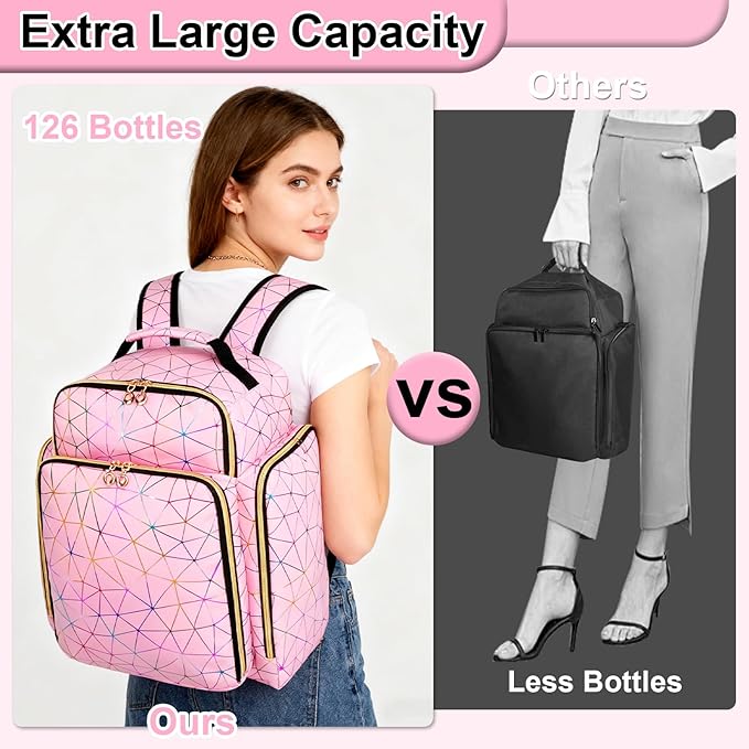 AHZSKE Nail Polish Organizer Backpack Holds 126 Bottles& Nail Lamp, Extra Large Nail Kit Supplies Organizer Bag with 3 Removable Cases, Portable Nail Organizers and Storage for Trave (PU Leather Pink)