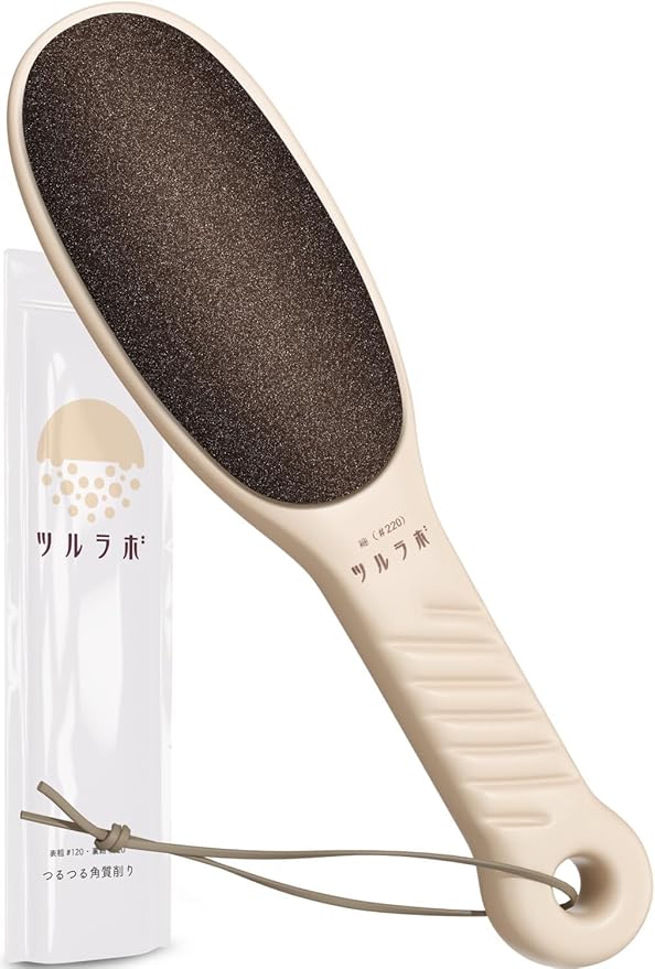 TSURULABO - Foot File, Dual-Sided (Coarse & Fine), Water-Resistant Alternative to a Foot Scrubber or Pumice Stone for Feet, Heel Scrubber for Grooming, Beige Dry Skin Callus Remover with Hanging Loop