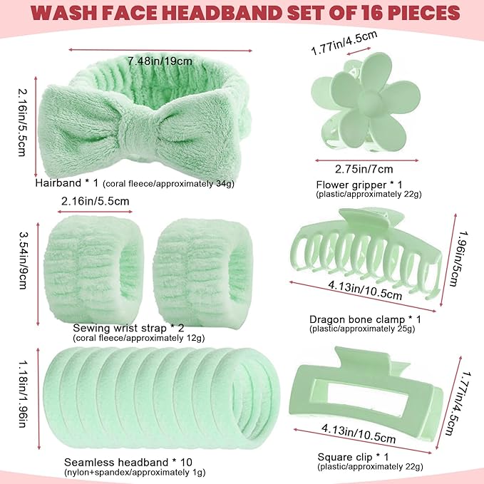 16 Pcs Skincare Headband Set, Face Washing Headband with Wristbands, Hair Claw Clips & Hair Ties, Spa Headbands for Women Girls, Perfect for Facial, Makeup, Shower, Gift Ready Box