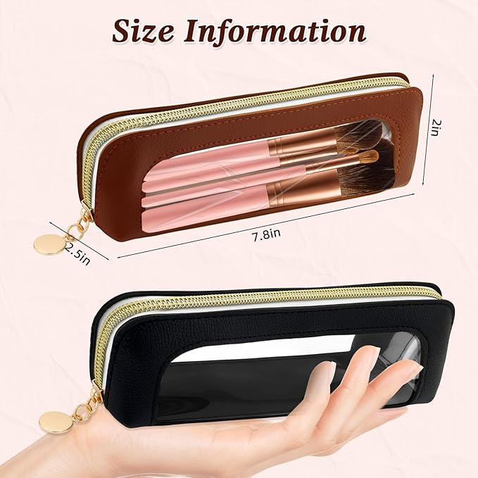 2Pcs Small Makeup Brush Bag Toiletry Bag PU Leather Clear Cosmetic Bags Makeup Bags for Women Portable Waterproof Makeup Brush Holder Slim Cosmetic Pouch Travel Pouch with Zipper (Black& Brown)