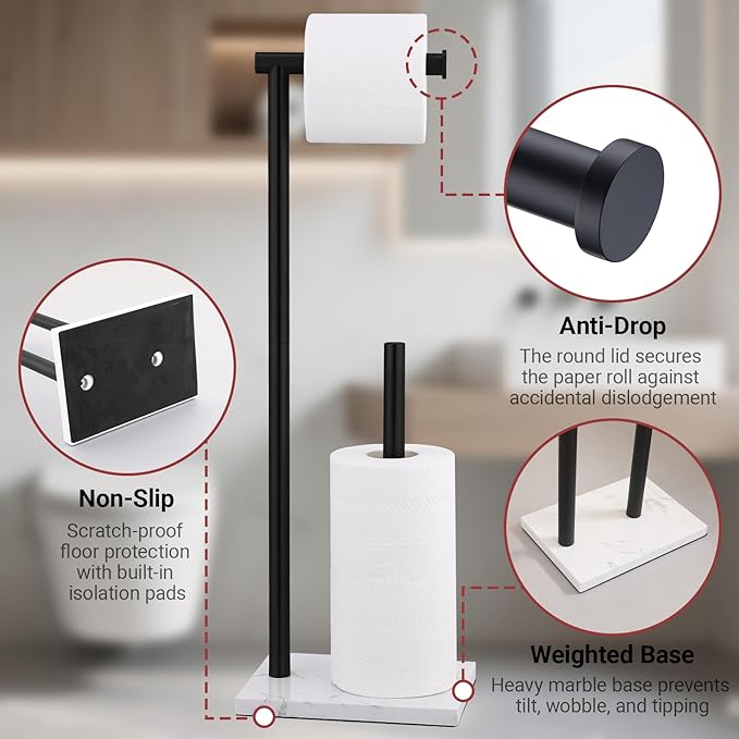 Hoooh Free Standing Toilet Paper Holder Stand with Reserve - Heavyweight Marble Base & Matte Black Stainless Steel Bathroom Tissue Roll Holder