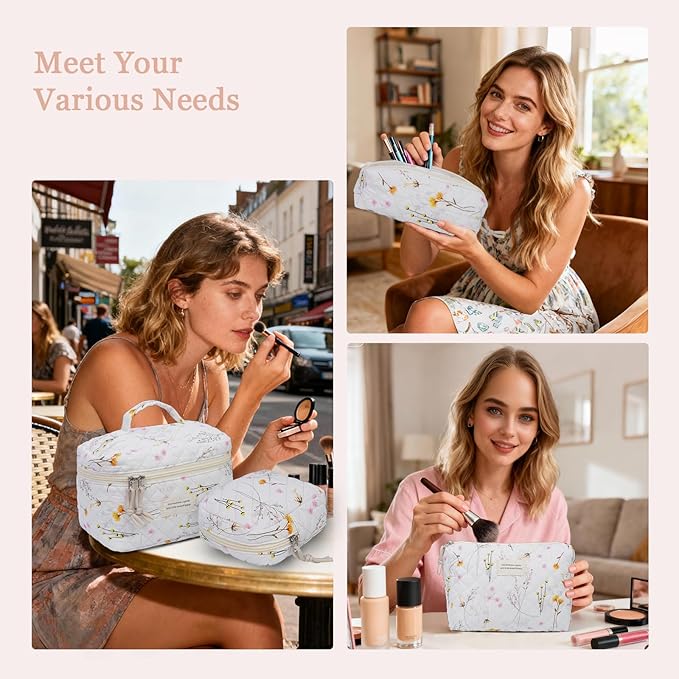 VIWIME Makeup Cosmetic Bag, Large Cotton Quilted Travel Coquette Aesthetic Cute Floral Make up Bag for Women Toiletry Bag Organizer (303-LongYellow)