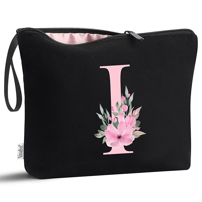 Vavabox A-Z Personalized Makeup Bag, Birthday Gifts for Women Mom, Gifts for Best Friend, Bride Bridesmaid Cosmetic bag (I, Black)