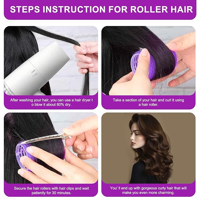 4 Sizes Hair Rollers Set with Clips - 50 Pcs Hair Curlers Rollers for Women, Self Grip Holding Hair Roller for Hair Long Medium Short Bangs Thick Fine Volume Thin, Pink