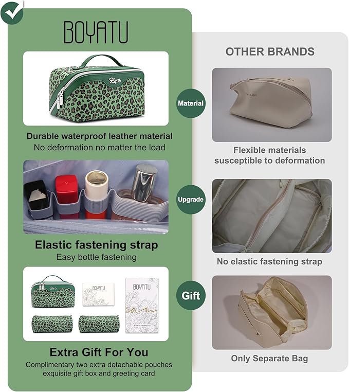 BOYATU Travel Makeup Bag for Women: 3 Pcs Set Portable Make up Bags with Handle - Leopard Print Cosmetic Bags with Comparments - Waterproof Vegan Leather Toiletry Bag (09-Green)