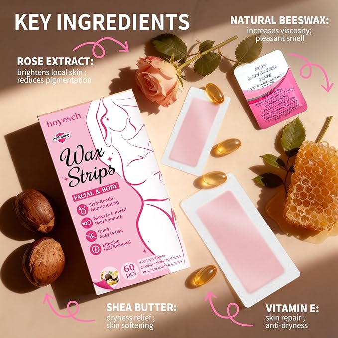 58 PCS Wax Strips - 38 Facial & 20 Body Waxing Kit for Women’ s Hair Removal,Wax Strips for Face,Eyebrow,Body, Arms, Legs, Chest, Back, Bikini/Brazilian Waxing Strips & 4Calming Oil Wipes