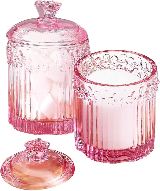 PENCK 2pcs Elegant Glass Qtip Holder Cute Apothecary Jars with Lid Stylish Hair Ties Candy Jar Bathroom Canister Essentials Accessories Decor Makeup Storage Organizer for Cotton Swabs, Balls (Pink)