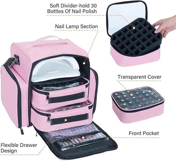 UOZL Nail Polish Organizer Case Holds 60 Bottles Portable Travel Storage Box with 2 Detachable Bags, Designed for Women's Nail Tools, Essential Oils and Cosmetics Sets Pink