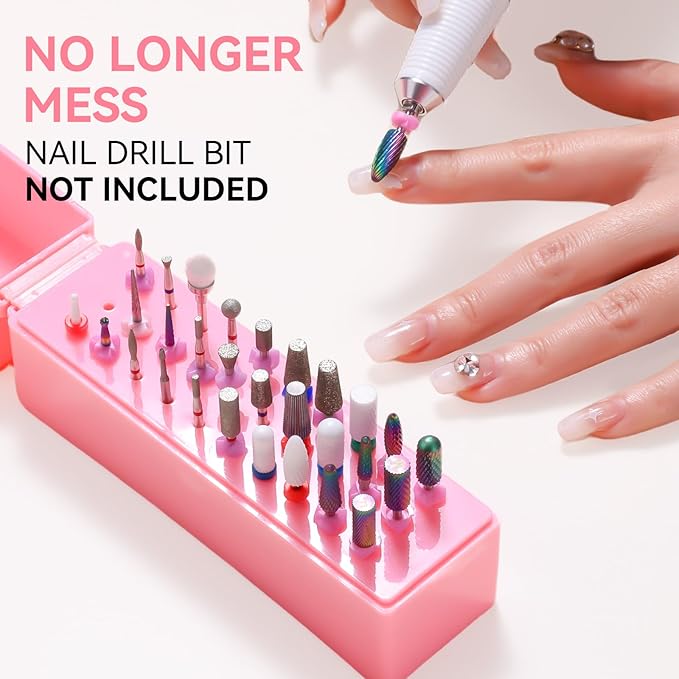 Makartt Nail Drill Bits Holder,Dustproof Stand Displayer Organizer Container Case 30 Holes drill bit holder nail tech Professional Nail art Tools(Not Inlcude Drill Bits,Light Pink)