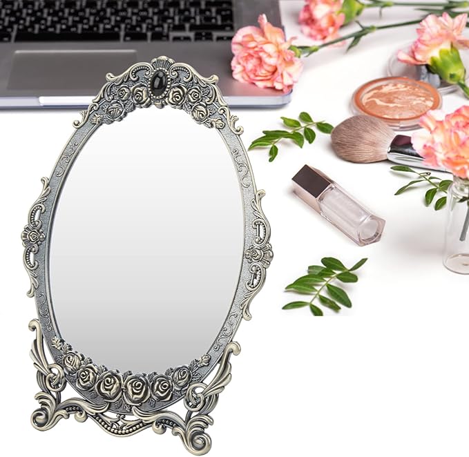Cyrank Vintage Makeup Mirror, Oval Floral Mirror Decorative Tabletop Makeup Metal Vintage Cosmetic for Home Decorative(Bronze)