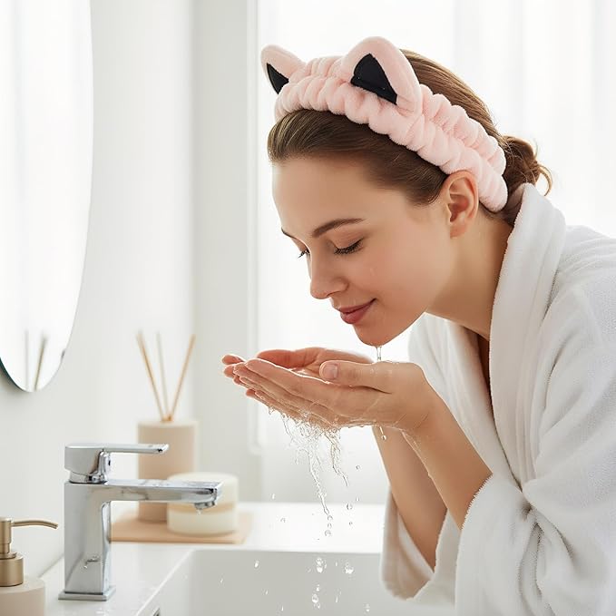 2 Pcs Cat Ears Headband, Cute Spa Headbands for Washing Face Skincare Makeup Headbands for Women Girls Trendy Stuff Present Soft Coral Fleece Hair Accessories(Pink Beige)