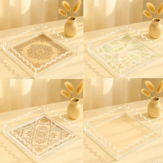 Acrylic Tray with Ultra-Strong Magnetic Mat- 7.9×7.9 Customizable Serving & Display Tray, Clear Scalloped Vanity Jewelry Organizer, Picture Frame Bathroom Tray Decor, Unique Gift for Women Girls