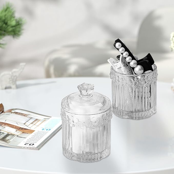 PENCK 2pcs Elegant Glass Qtip Holder Cute Apothecary Jars with Lid Stylish Hair Ties Candy Jar Bathroom Canister Essentials Accessories Decor Makeup Storage Organizer for Cotton Swabs, Balls (Clear)