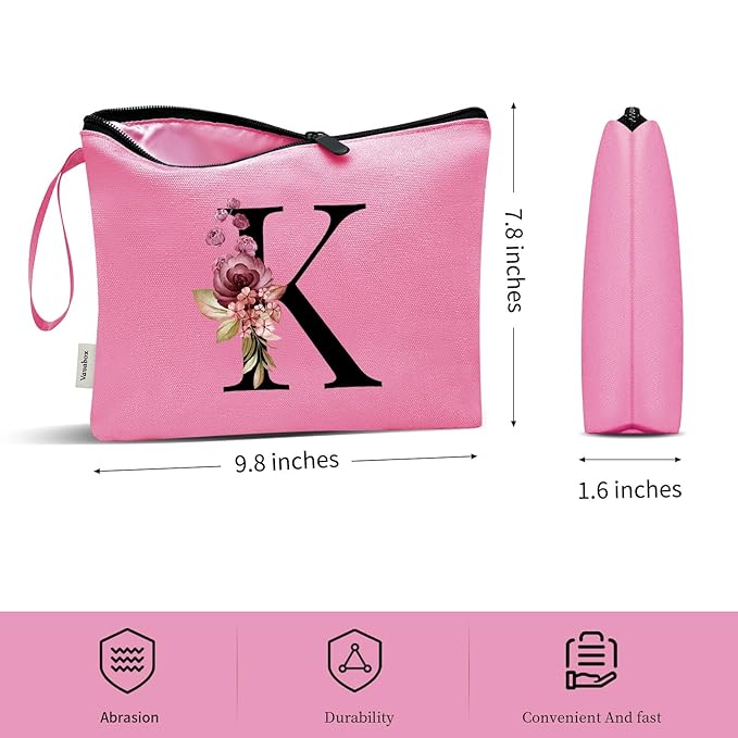 Vavabox A-Z Personalized Makeup Bag, Birthday Gifts for Women Mom, Gifts for Best Friend, Bride Bridesmaid Cosmetic bag (K, Peach)