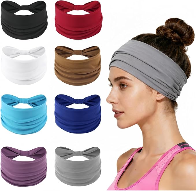 Wide Elastic Head Bands,Fashion,Makeup, Large Knotted Soft Headband for Washing Face, Sports Stretchy Sweat Bands,Headbands for Women, Non-Slip Thick Hair Bands,Workout, Spa, Running, 8-Pack