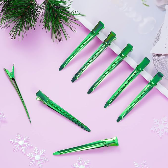 24 Packs Duck Bill Clips, Bantoye 3.35 Inches Rustproof Metal Alligator Curl Clips with Holes for Hair Styling, Hair Coloring, Green