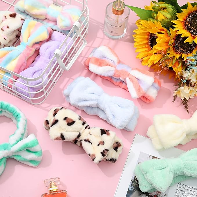 Giegxin 48 Pieces Spa Headband Bulk Bow Hair Band Facial Makeup Headbands Fluffy Plush Headband for Women Girls Washing Face Spa Sleepover Party Supplies(Cute Pattern)