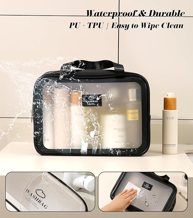 Large Travel Toiletry Bag with Dry Wet Separation–Waterproof Wash Bag for Man and Women, Clear & Matte shower bag for Gym, Overnight, Swimming, and Business Trips (Black)