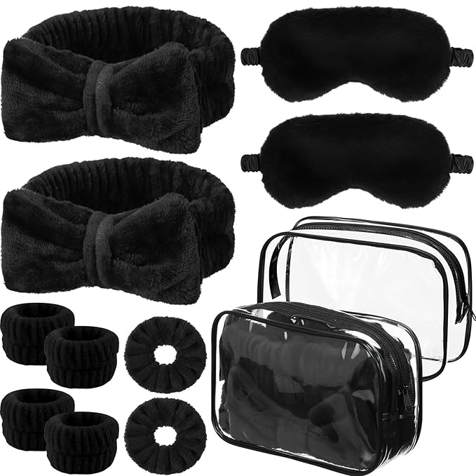 Hoteam 10 Pcs Galentine Spa Party Supplies Valentine Gift Set Sleepover Party Favor Spa Headband Wristband Sleep Eye Mask Velvet Scrunchies for Skin Care Makeup Slumber Night Favor(Black)