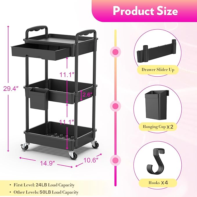 Makeup Cart Organizer with Drawers, Floor Skincare Organizers Vanity Storage Organizer, Rolling Makeup Bathroom Storage Cart Cosmetics Display Cases for Skin Care Perfume Nail Polish, Black