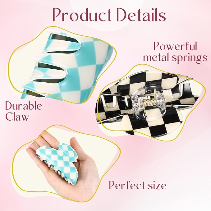 8 Pcs Large Acrylic Hair Claw Clips for Women Non-slip Strong Hold Jaw Clamps for Thick Thin Hair(Checkerboard,Neon Color)