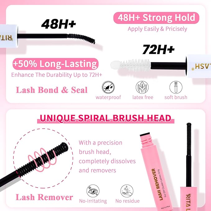 RITALASH Lash Extension Kit Cluster Lashes Kit+Bottom Lashes+Spikes Lash Clusters Eyelash Extensions with Lash Bond and Seal,Lash Remover,Lash Tweezers(60D 100D+Bottom Lashes+Spike Lash Kit)