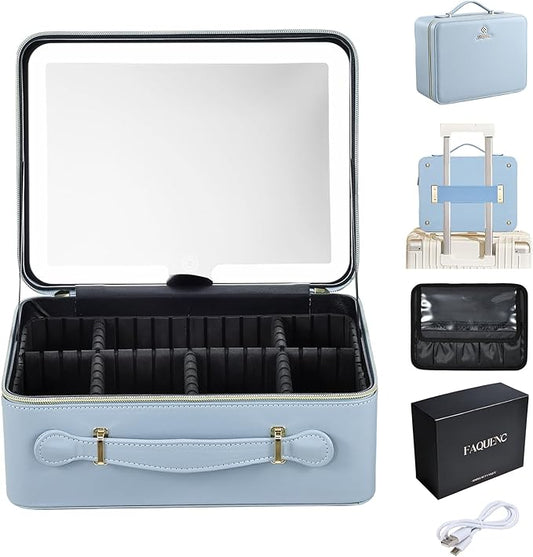 Faquenc Leather Makeup Case with LED Lighted Mirror 11.4 Inch Travel Makeup Bag Adjustable Brightness in 3 Colors Cosmetic Organizer Artist Storage Bag with Dividers Brush Holder Bag Vanity Blue
