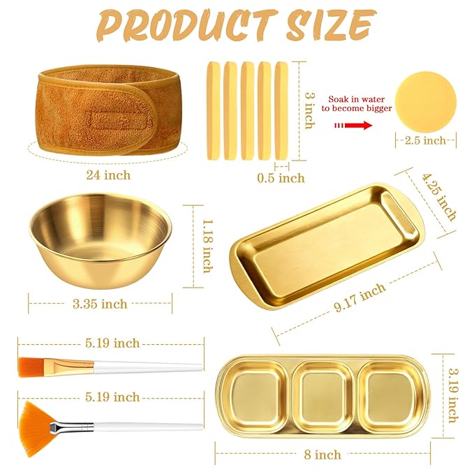 LemonRoad 25 Pcs Esthetician Facial Supplies Set, 3 Stainless Steel Mixing Bowls, 2 Serving Trays, 6 Brushes, 2 Hairbands, 12 Compressed Sponges for Women Facial Mask Spa Home Use(Gold)