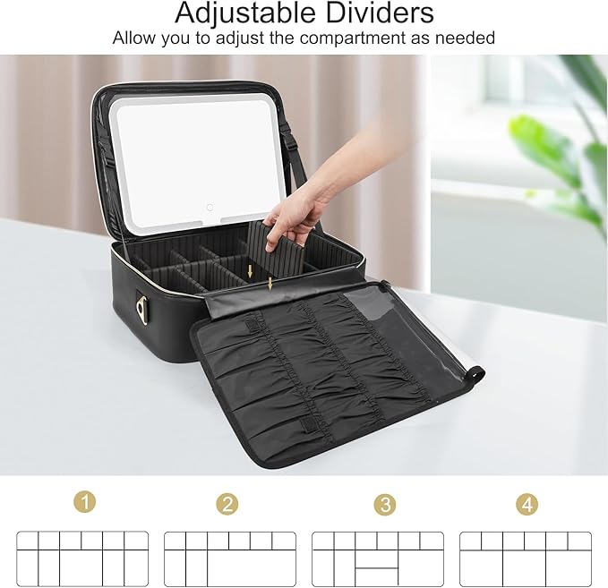 Relavel Makeup Bag with LED Mirror, 16.2 inches Large Professional Makeup Case for Makeup Artists, Travel Portable Cosmetic Organizer Storage Box for Women, Vanity Case with 3 Colors Lighted Mirror