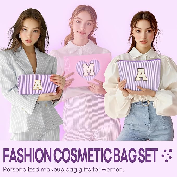 2 PCS Initial Makeup Bags for Women: Cosmetic Bag for Travel Toiletry - Birthday Gifts for 11 12 13 14 15 16 17 18 Years Old Girl Graduation Teacher Gift- Teen Girl Gifts Trendy Stuff - Purple O