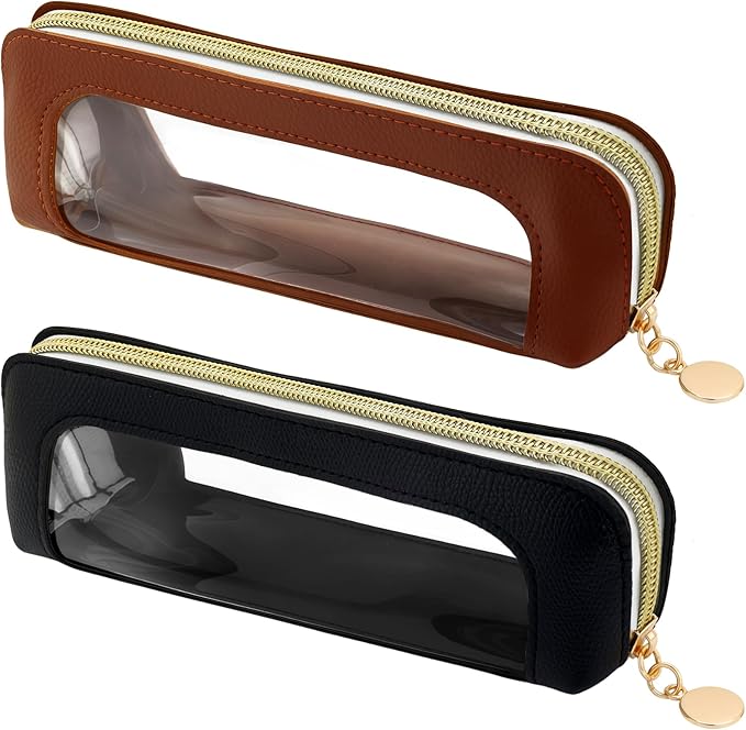 2Pcs Small Makeup Brush Bag Toiletry Bag PU Leather Clear Cosmetic Bags Makeup Bags for Women Portable Waterproof Makeup Brush Holder Slim Cosmetic Pouch Travel Pouch with Zipper (Black& Brown)