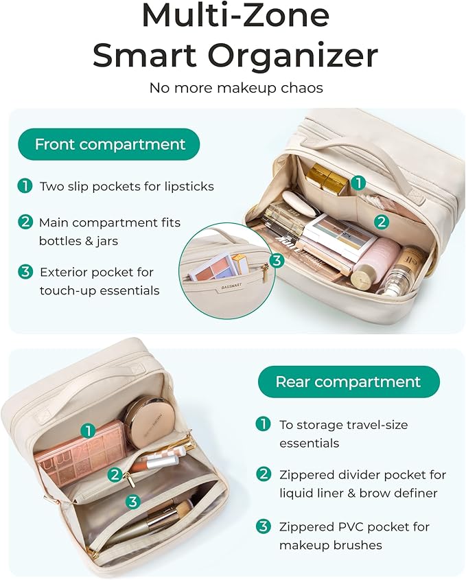 BAGSMART Travel Makeup Bag, Make Up Bag with Multiple Compartments for Organizer, Durable & Compact Cosmetic Organizer for Women for Travel Accessories (Green)