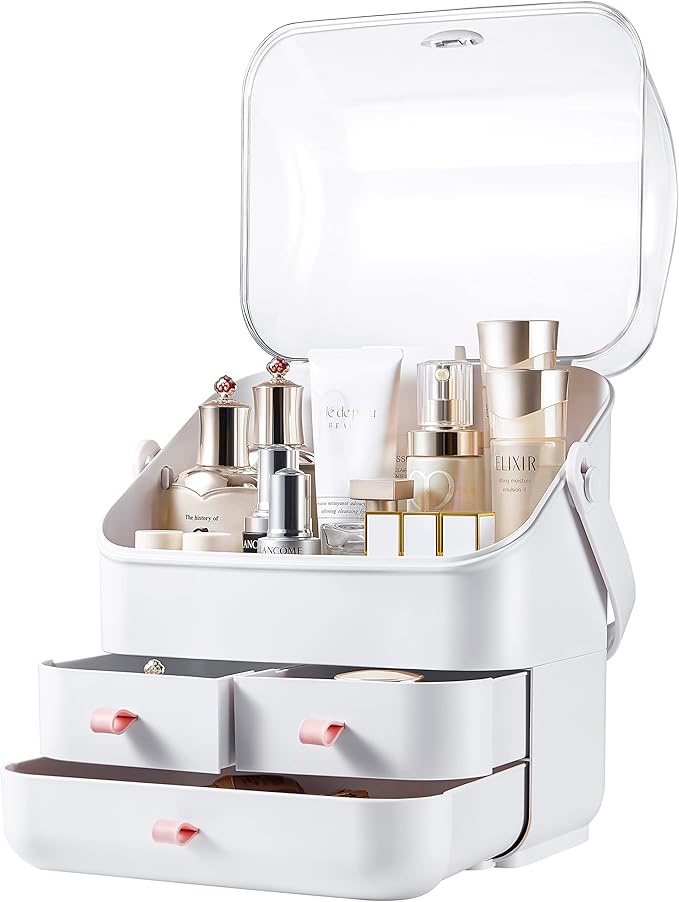 Large Makeup Organizer w Drawers Beauty Organizer Makeup Box Holder Vanity Organization Desk Countertop MakeUp Organizers Bathroom Counter Organizer Skincare Cosmetic Case Stand Dustproof Lid Gift