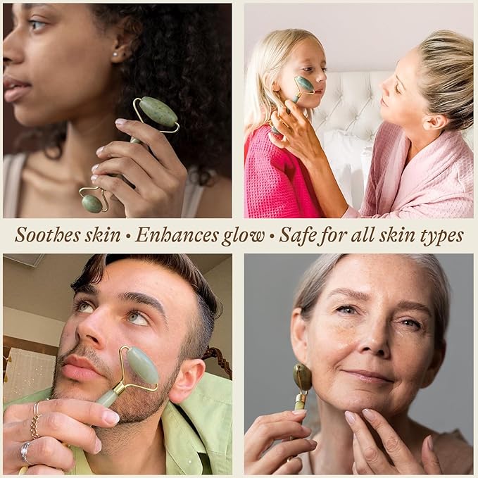 Beauty by Earth Jade Roller for Face - Smoothes Fine Lines & Wrinkles, Face Massager Skin Care Tools with Small Eye Roller for Puffy Eyes, De-Puffing & Firming Facial Tool, Self Care Gifts for Women