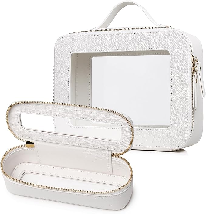 Travel Makeup Bag with Brush Case Portable Transparent Cosmetic Bag and Toiletry Bag Waterproof Makeup Organizer with Zipper Car Essential for Women (White, L+Slim)