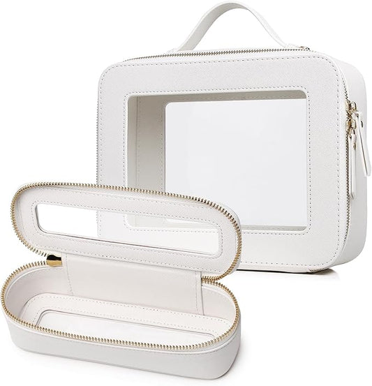 Travel Makeup Bag with Brush Case Portable Transparent Cosmetic Bag and Toiletry Bag Waterproof Makeup Organizer with Zipper Car Essential for Women (White, L+Slim)