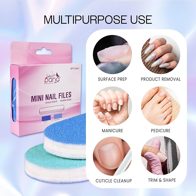 25PCS Mini Size PANA Professional Double Sided Nail Files - Blue, 100/180 Grit - Emery Board Nail Buffering File Manicure Pedicure Nail Polisher Washable