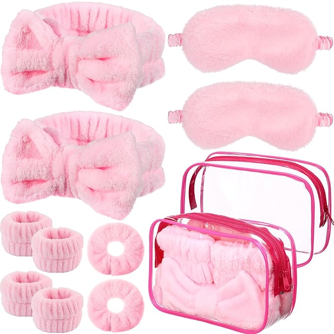 Hoteam 10 Pcs Galentine Spa Party Supplies Valentine Gift Set Sleepover Party Favor Spa Headband Wristband Sleep Eye Mask Velvet Scrunchies for Skin Care Makeup Slumber Night Favor(Pink)