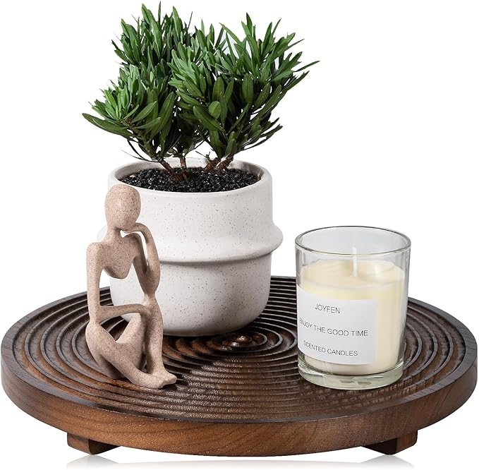 Round Decorative Tray Framhouse Bathroom Decor Wood Riser Kitchen Countertop Organizer for Perfume, Candle, Plant, 12 inch Walnut