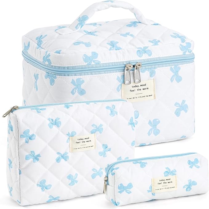 Makeup Bag for Women 3PCS Quilted Cotton Make Up Bag Travel Cosmetic Bag Large Makeup Bag Set Cute Blue Bow Makeups Organizer Floral Toiletry Pouch for Purse