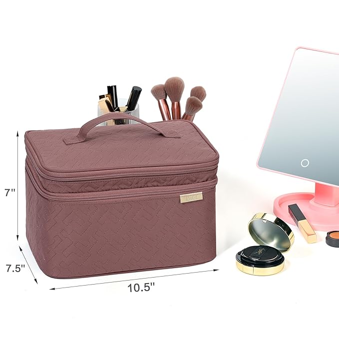 NISHEL Large Double Layer Travel Makeup Bag Women, Large Cosmetic Case, Organizer for Travel-Size Accessories Bottles, Brushes, Conditioner, and Skin Care Products, Rose-wood Pink
