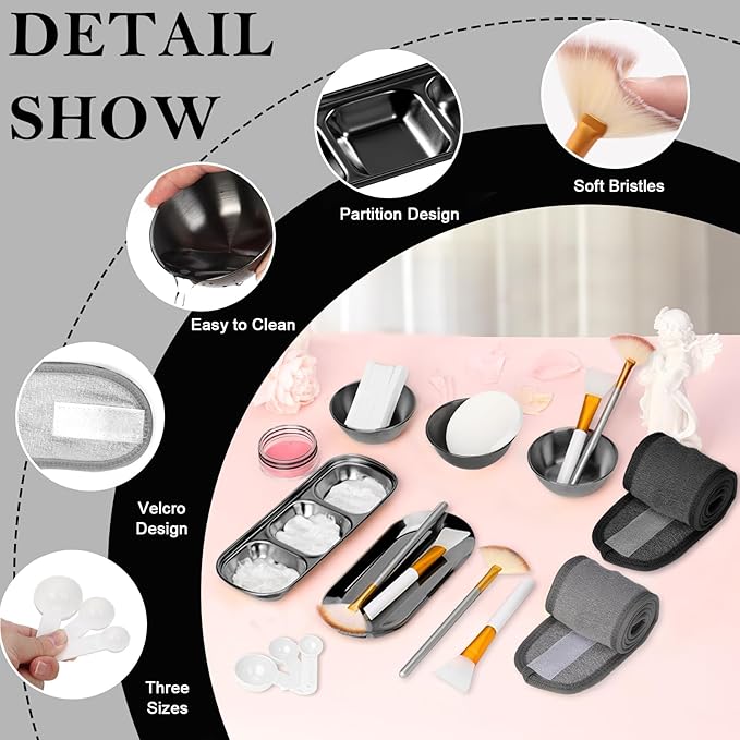 28 Black Facial Supplies 3 Facial Mask Mixing Bowls 3 Facial Fan Brushes 3 Mask Applicator Brushes 3 Mask Measuring Spoons Skincare Tray 3-Compartment Serving Tray 12 Facial Sponges 2 Spa Headbands