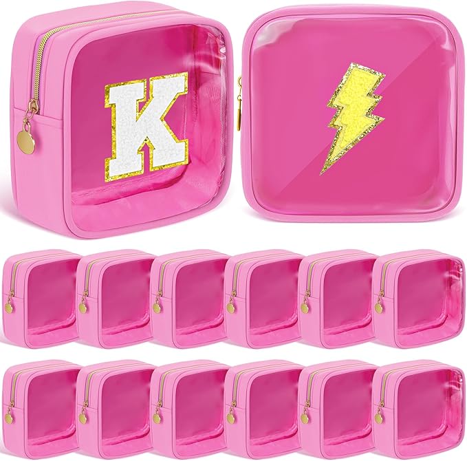 Kacctyen 12 Pcs Mini Makeup Bag Nylon Small Pouch for Purse Mini Square Nylon Pouch with Zipper Small Cosmetic Travel Makeup Bag Purse Organizer for Women (Pink Color,Translucent)