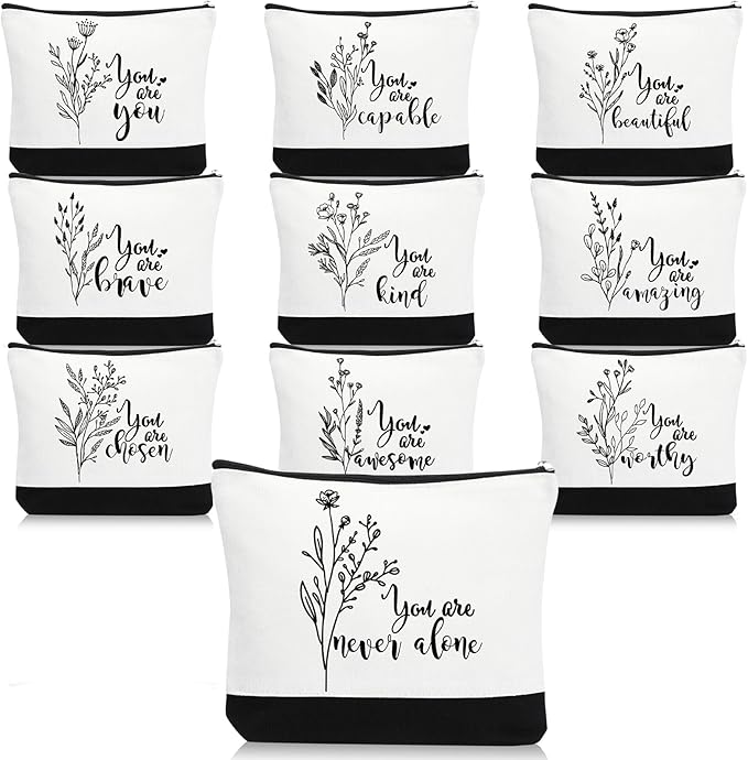 Coume 10 Pcs Valentines Canvas Makeup Bags Bulk, Inspirational Quotes Cosmetic Zipper Encouragement Travel Pouch Toiletry Bag Women Teacher Friend Birthday Gift(Black White,Aesthetic)